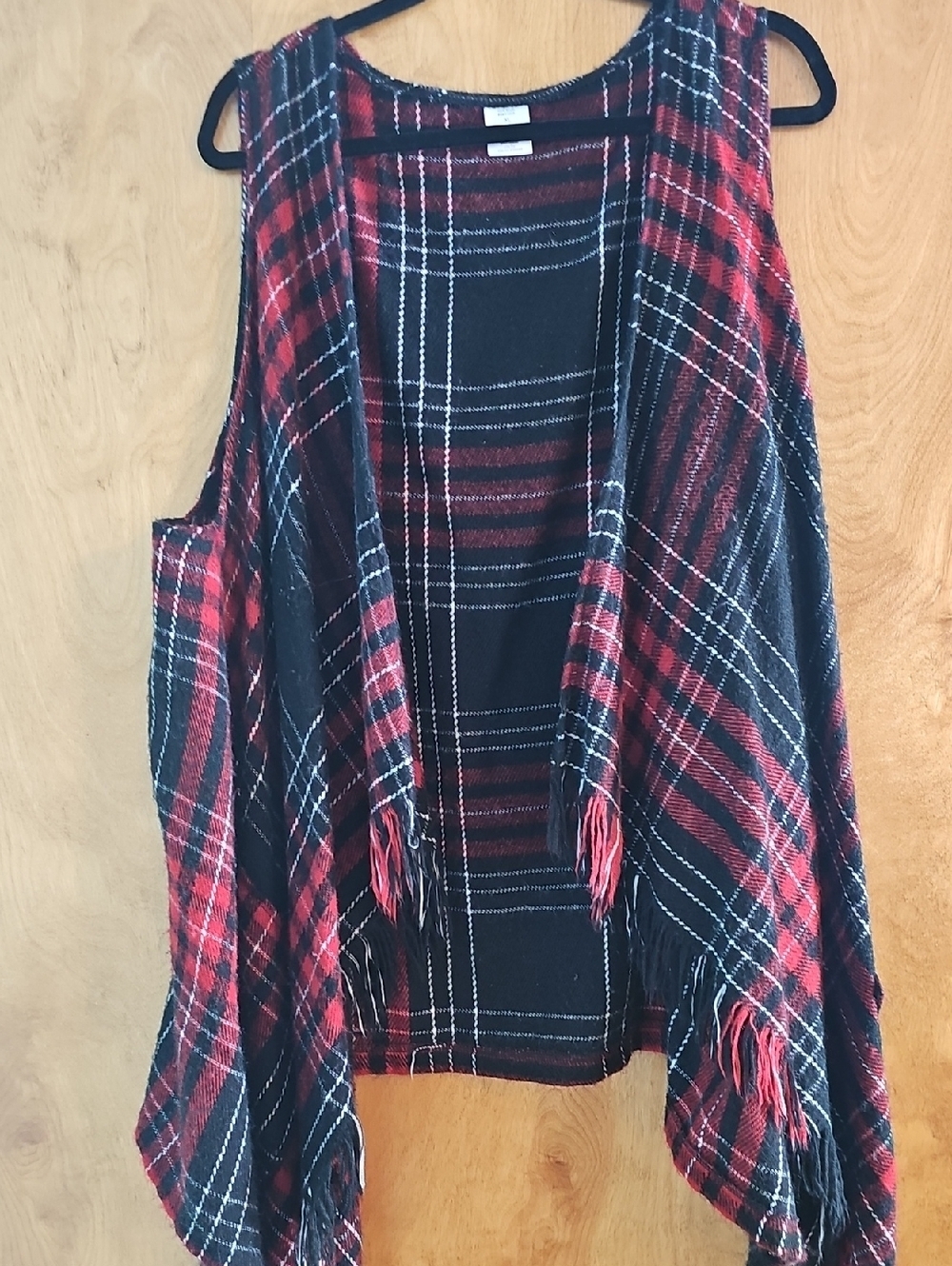 Plaid Fringe Open Front Vest - Red & Black